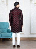 Mehroon Velvet Embroidered Sherwani Set