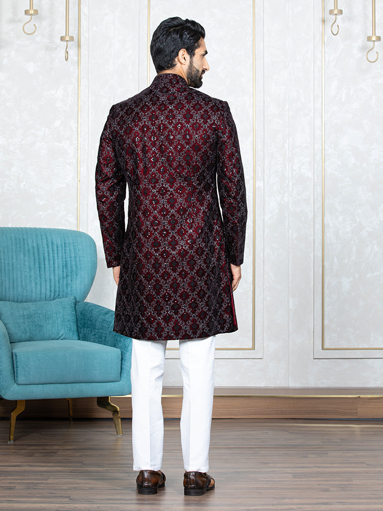 Mehroon Velvet Embroidered Sherwani Set