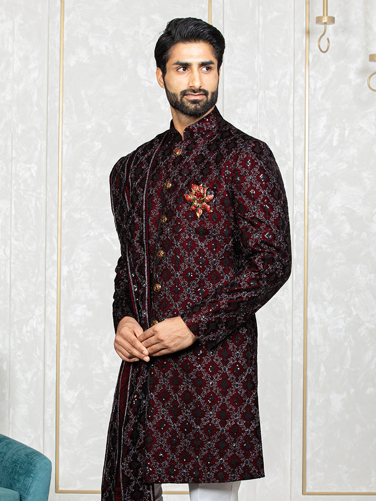 Mehroon Velvet Embroidered Sherwani Set with Dupatta