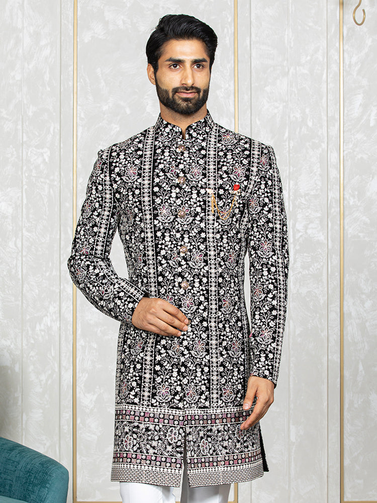 Black Velvet Embroidered Sherwani Set