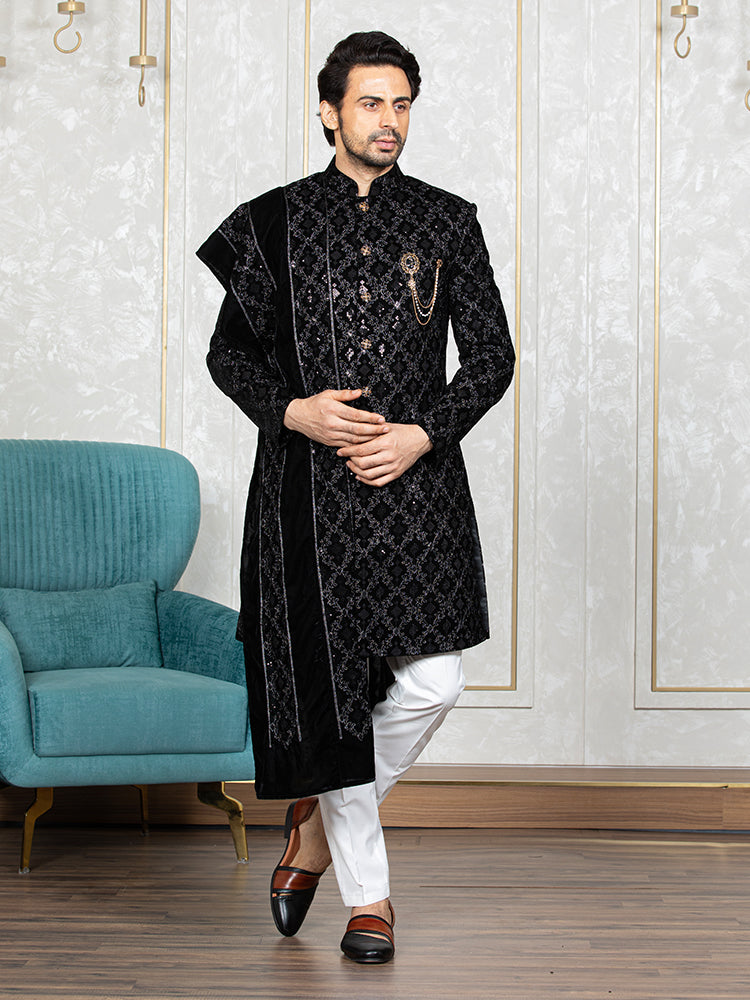 Black Velvet Embroidered Sherwani Set with Dupatta Laromani