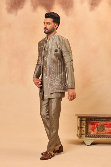Mehandi Green Embroidered Front Open Short Jacket Set