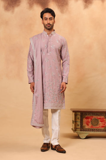 Mauve Georgette Embroidered Kurta Set for Men