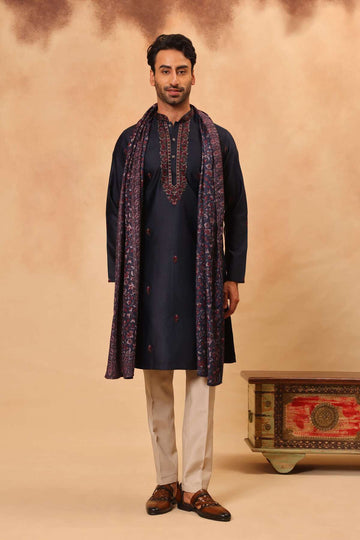 Navy Blue Silk Embroidered Kurta Set with Pashmina Dupatta for Men