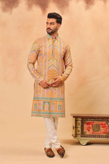 Haldi Yellow Chinon Embroidered Kurta Set for Men