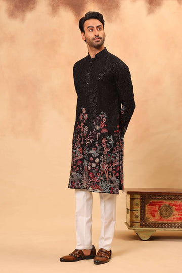 Black Georgette Embroidered Kurta Set for Men