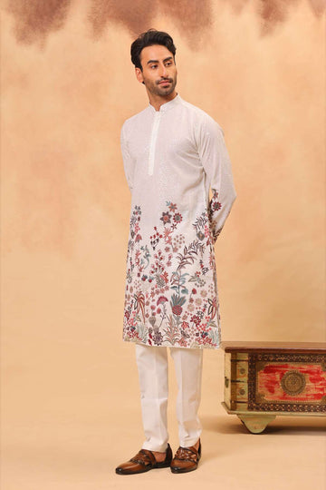 White Georgette Embroidered Kurta Set for Men