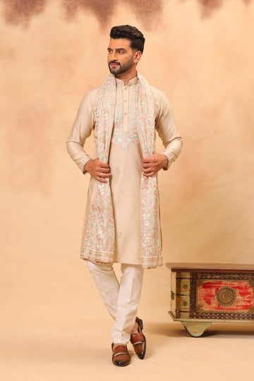 Fawn Silk Embroidered Kurta Set with Dupatta for Men