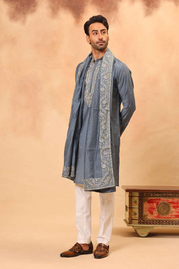 Greyish Blue Silk Embroidered Kurta Set with Dupatta for Men