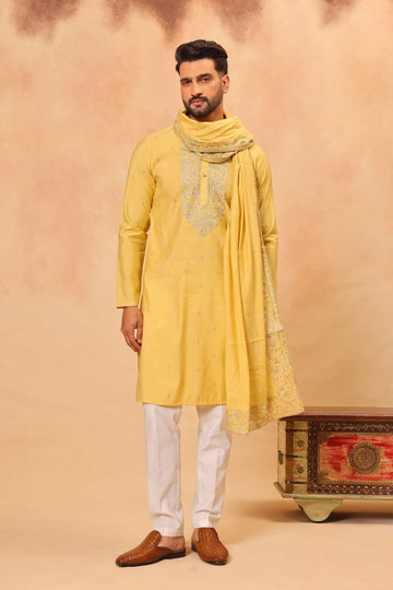Lemon Silk Embroidered Kurta Set with Dupatta for Men
