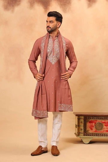 Rust Silk Embroidered Kurta Set with Dupatta for Men