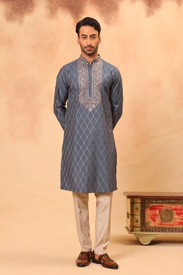 Greyish Blue Silk Embroidered Kurta Set with Dupatta for Men