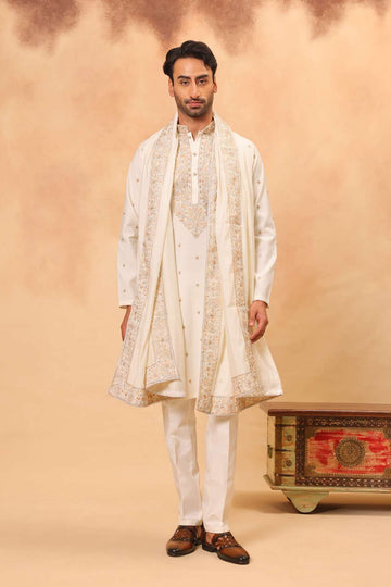 Cream Silk Embroidered Kurta Set with Dupatta for Men