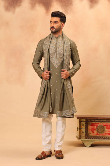 Olive Green Silk Embroidered Kurta Set with Dupatta for Men