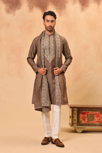 Mouse Brown Silk Embroidered Kurta Set with Dupatta for Men