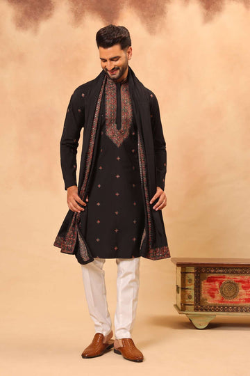 Black Silk Embroidered Kurta Set with Dupatta for Men