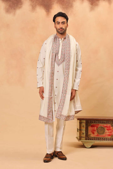 Cream Silk Embroidered Kurta Set with Dupatta for Men