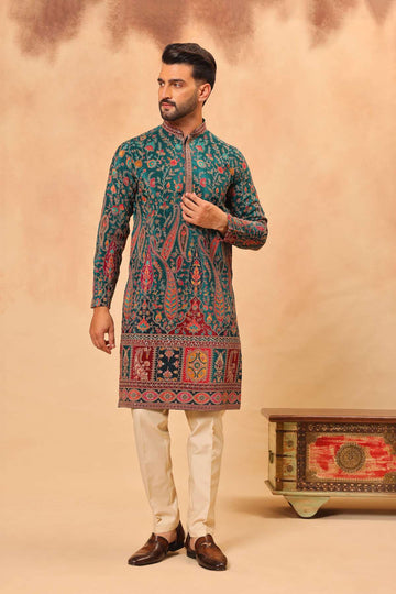 Rama Green Digital Printed Zari Embroidered Kurta Set for Men
