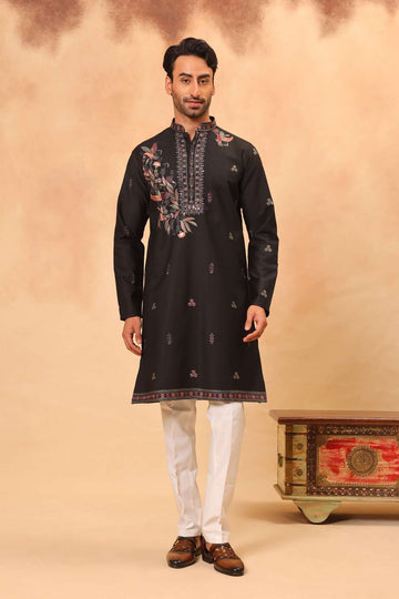Black Placement Embroidered Kurta Set for Men