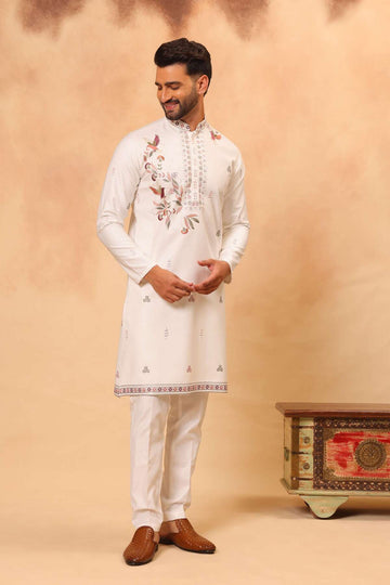 Cream Placement Embroidered Kurta Set for Men