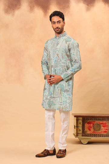 Powder Blue Digital Printed Zari Embroidered Kurta Set for Men