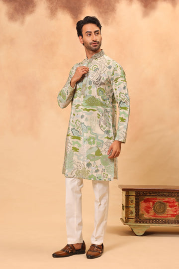 Green Digital Printed Zari Embroidered Kurta Set for Men