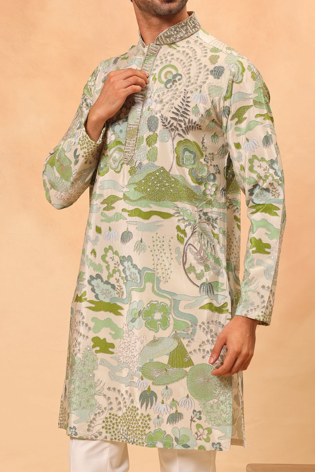 Green Digital Printed Zari Embroidered Kurta Set for Men