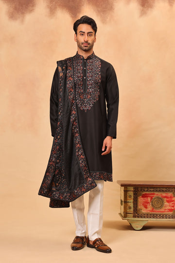 Black Silk Embroidered Kurta Set with Dupatta for Men