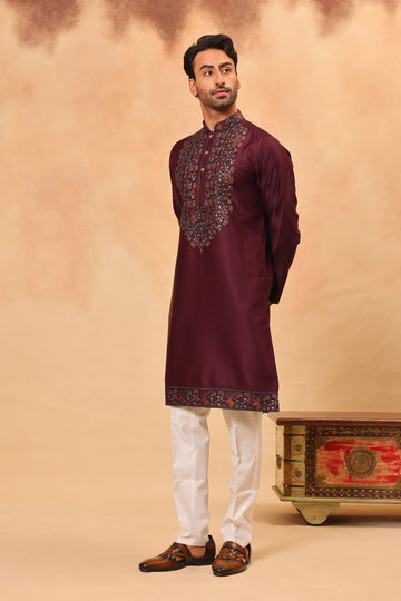 Wine Silk Embroidered Kurta Set with Dupatta for Men