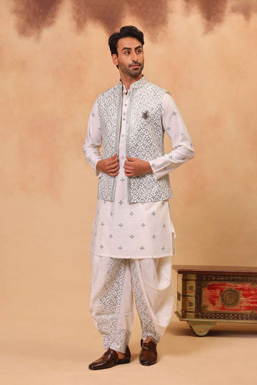 Pista Green Embroidered Kurta Set for Men with Dhoti