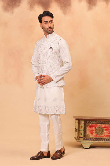 Cream Embroidered Koti Kurta Set for Men