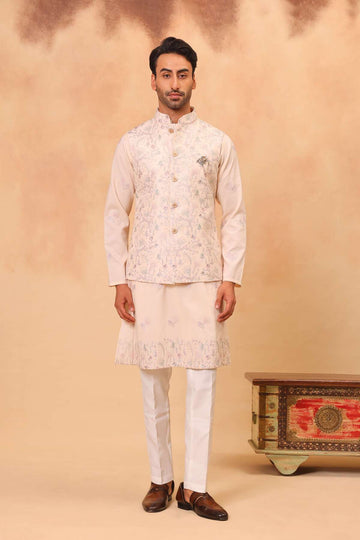 Peach Embroidered Koti Kurta Set for Men
