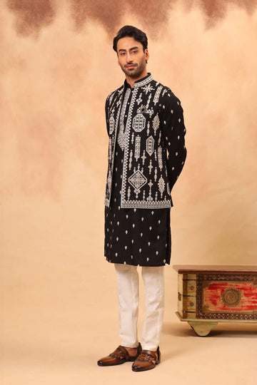 Black Embroidered Koti Kurta Set for Men