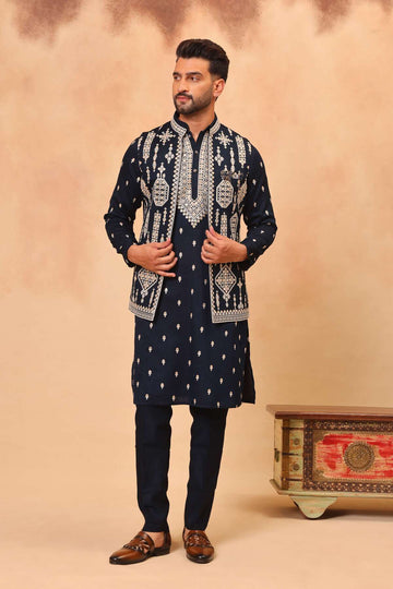 Navy Blue Embroidered Koti Kurta Set for Men