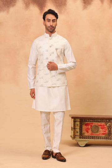 Cream Embroidered Koti Kurta Set for Men