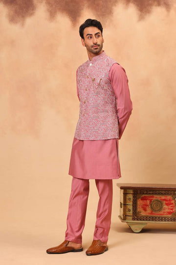 Dark Pink Embroidered Koti Kurta Set for Men