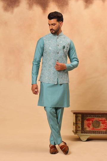 Ferozi Blue Embroidered Koti Kurta Set for Men