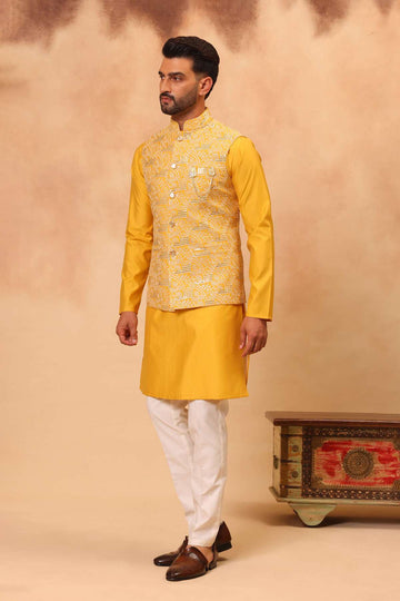 Haldi Embroidered Koti Kurta Set for Men