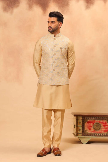 Khaki Embroidered Koti Kurta Set for Men