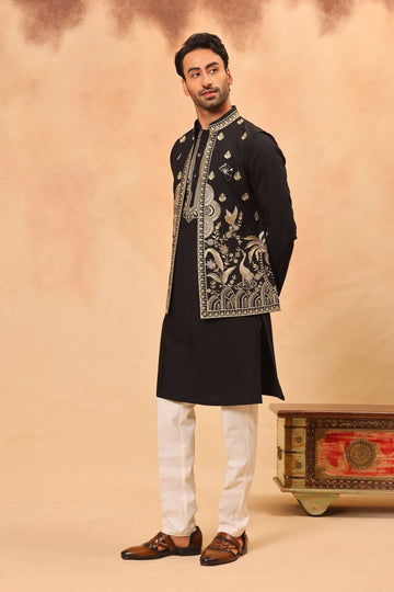Black Zari Embroidered Koti Kurta Set for Men