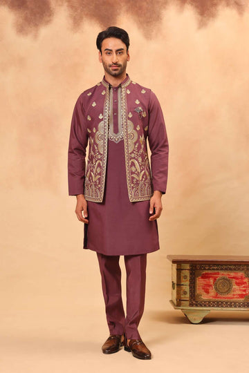 Mauve Zari Embroidered Koti Kurta Set for Men