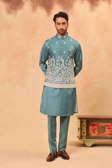 Aqua Blue Embroidered Koti Kurta Set for Men