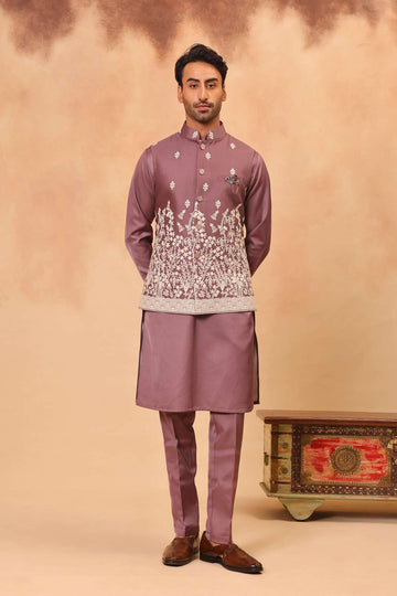 Onion Pink Embroidered Koti Kurta Set for Men