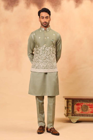 Pista Green Embroidered Koti Kurta Set for Men