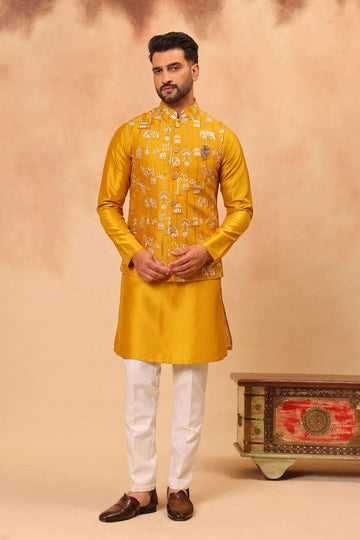 Haldi Silk Embroidered Koti Kurta Set for Men