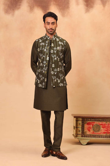 Mehandi Green Silk Embroidered Koti Kurta Set for Men