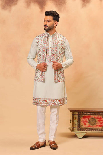 Pista Green Multy Thread Embroidered Koti Kurta Set for Men