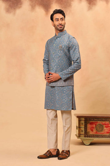 Powder Blue Satin Silk Embroidered Koti Kurta Set for Men