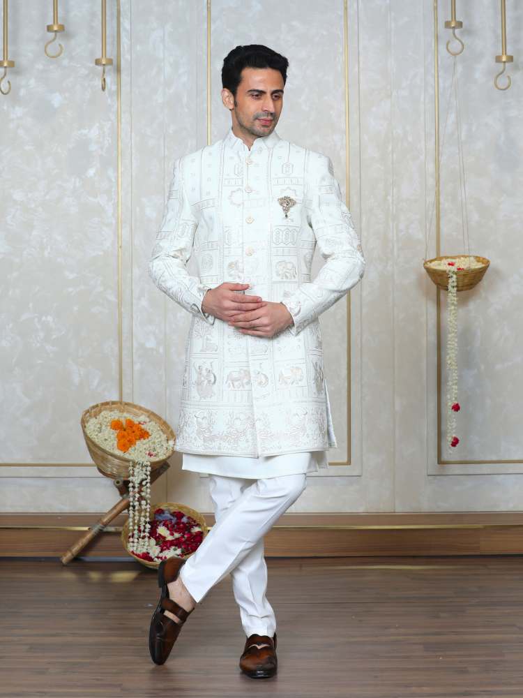 Cream Embroidered Sherwani Set with Kurta
