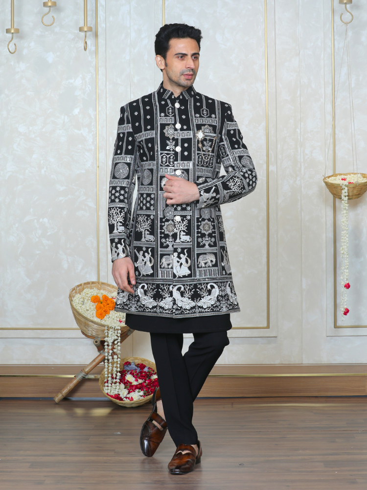 Taha Shah Badussha in Black Embroidered Sherwani Kurta Set